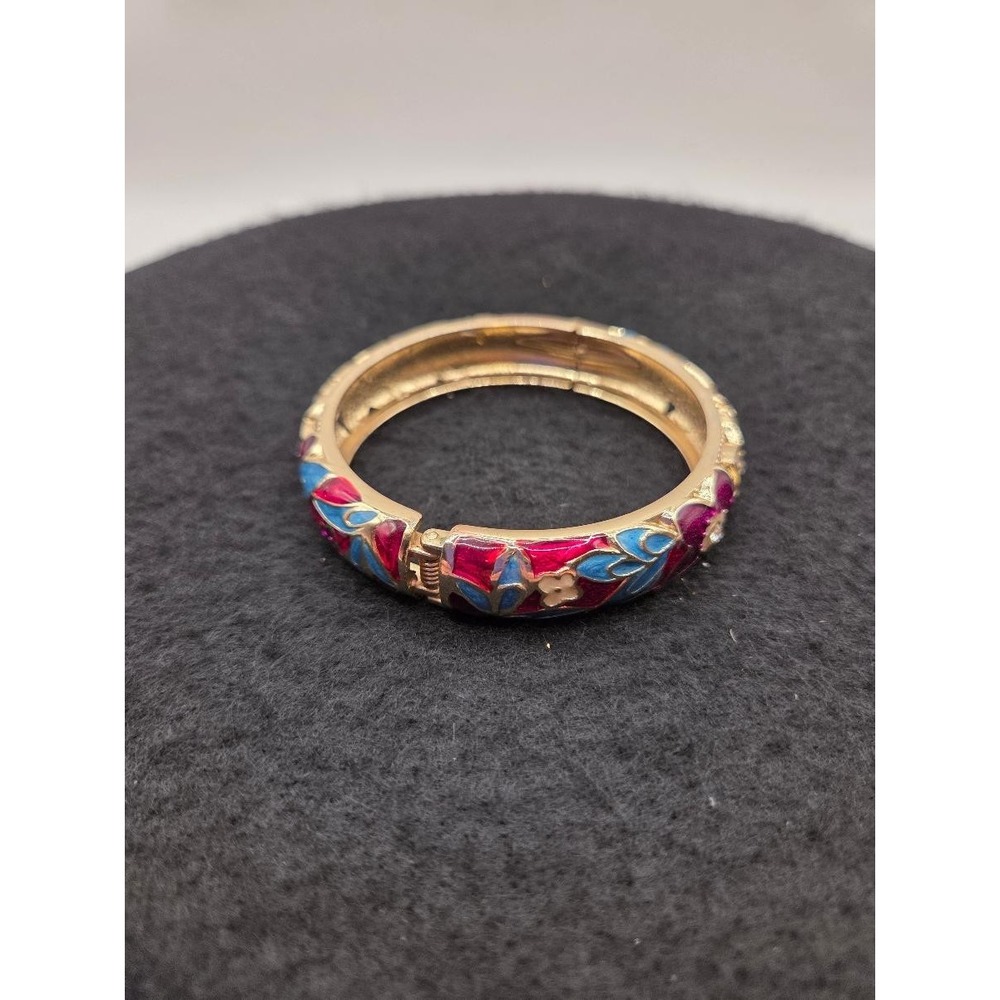 Enamel Bracelet Jiu Long Xing Blue Maroon And Gold Tone Flowers Hinged